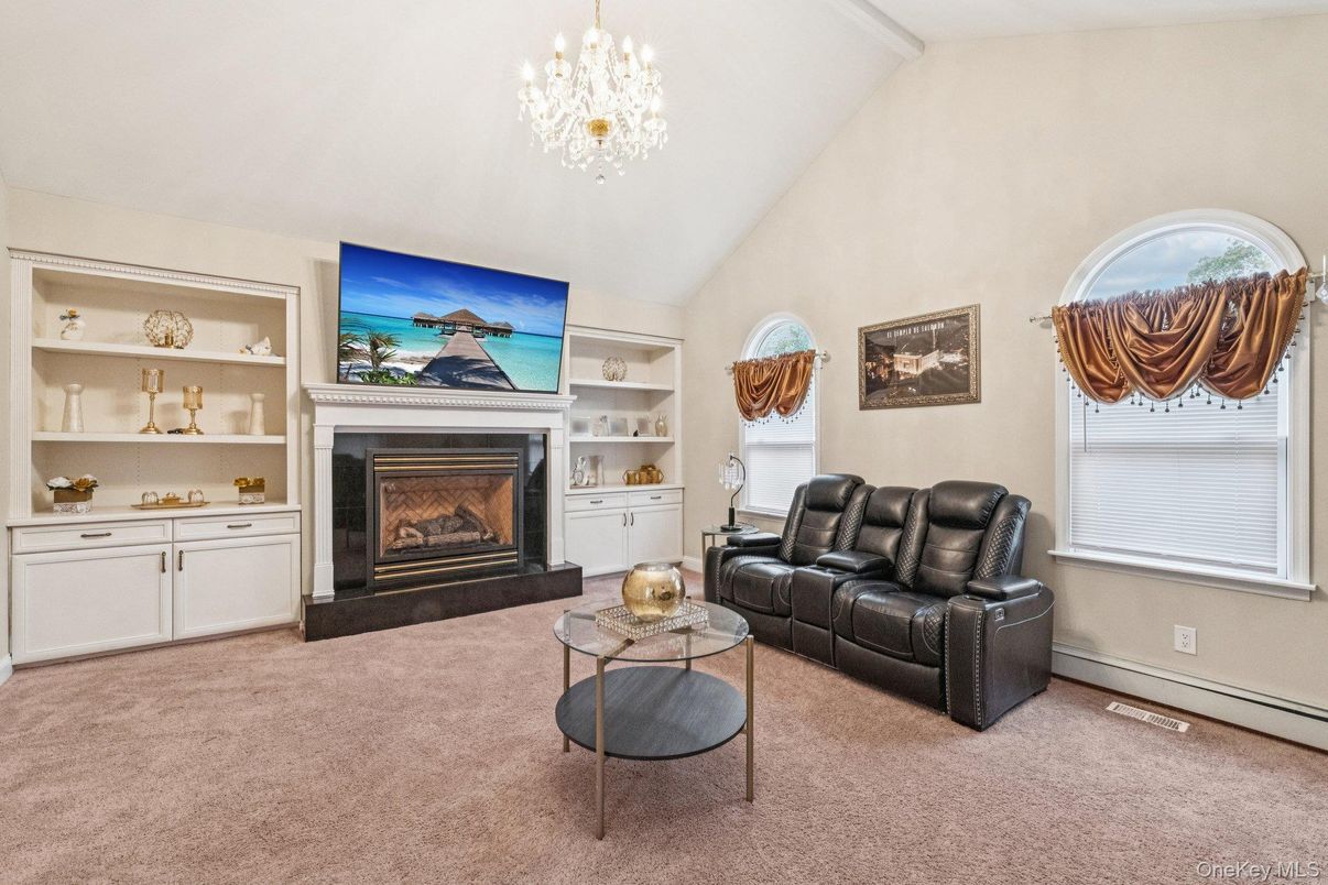 Chandelier, Fireplace, Interior, Living room