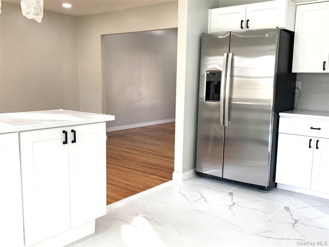 Interior, Kitchen, Marble, Recessed Lighting, Stainless Steel Appliances, Wood Texture Flooring