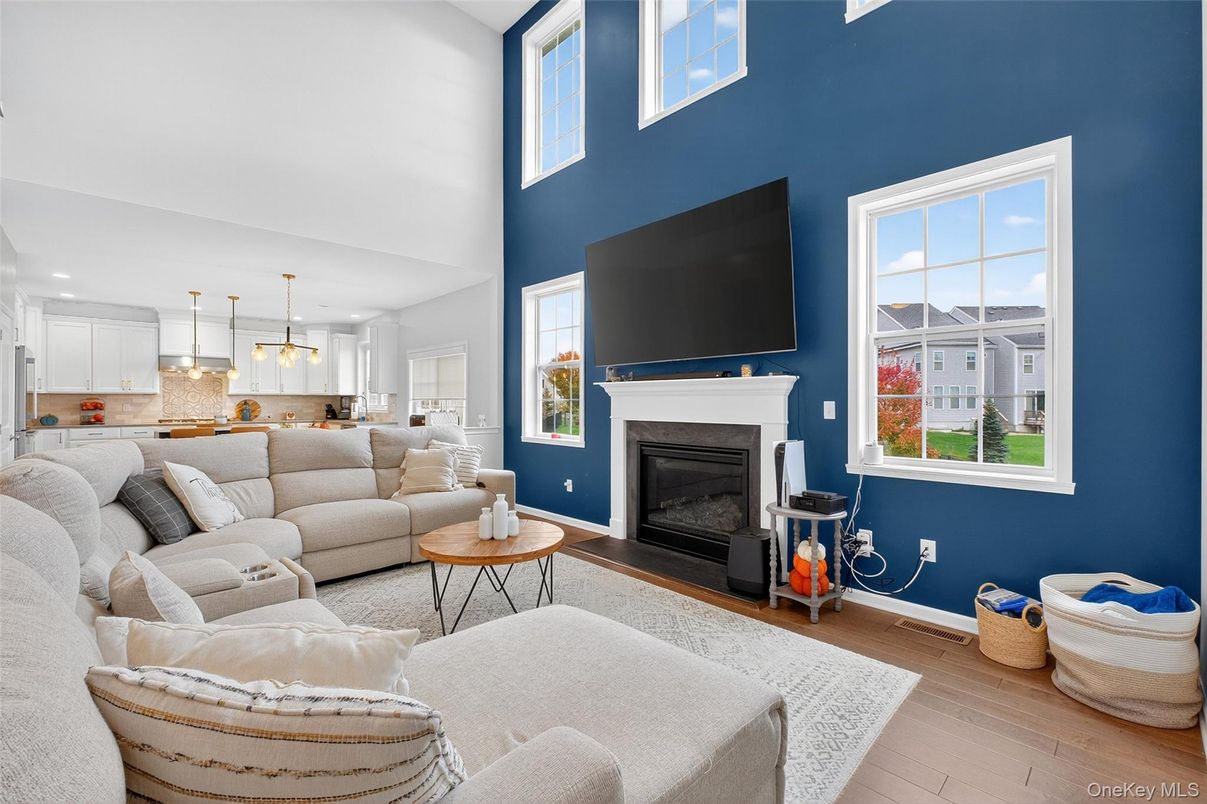 Fireplace, Interior, Kitchen, Living room, Pendant Lights, Wood Texture Flooring