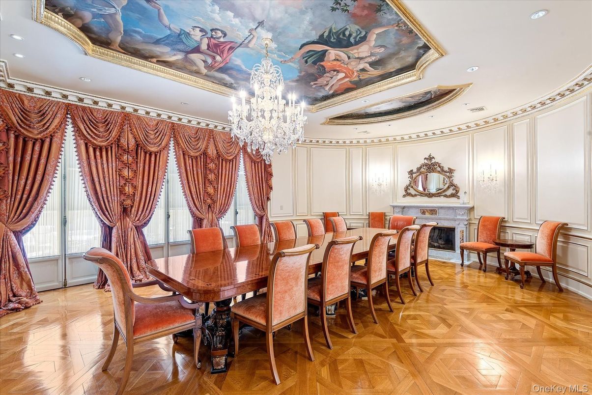 Chandelier, Dining room, Fireplace, Interior, Recessed Lighting, Wood Texture Flooring