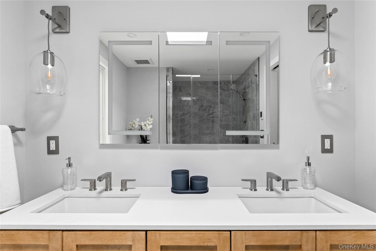Bathroom, Dual Sink Vanities, Glass Shower, Interior, Pendant Lights