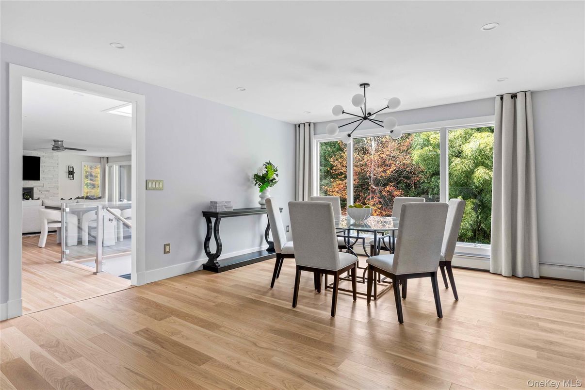Dining room, Interior, Pendant Lights, Recessed Lighting, Wood Texture Flooring