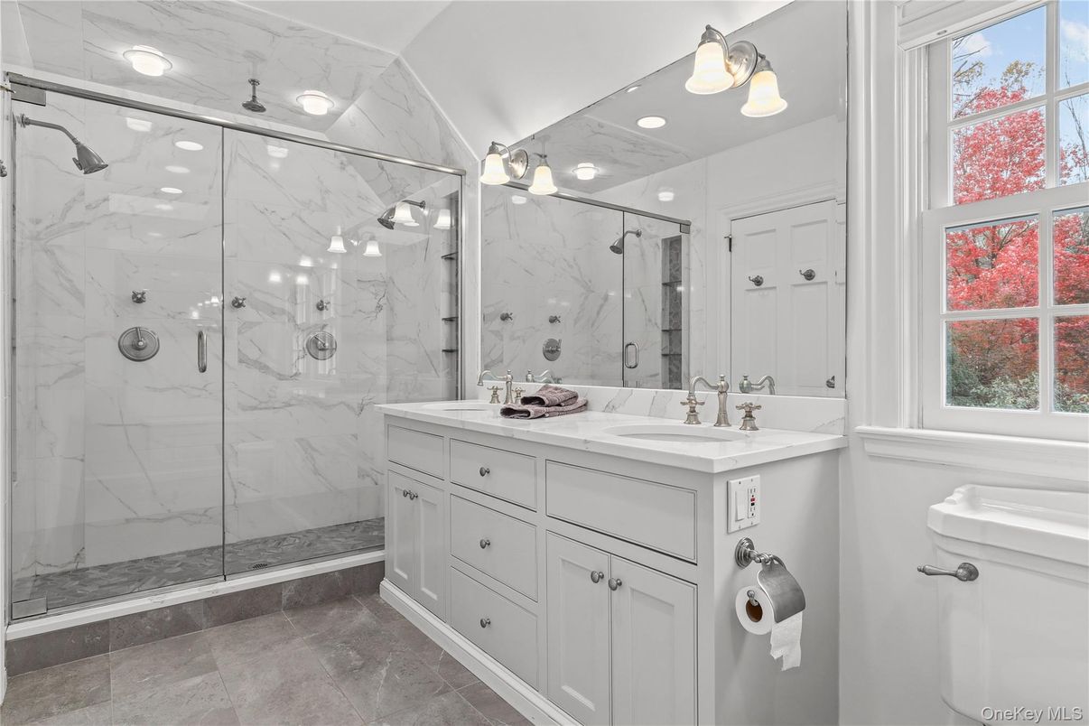 Bathroom, Dual Sink Vanities, Glass Shower, Interior, Marble Walls