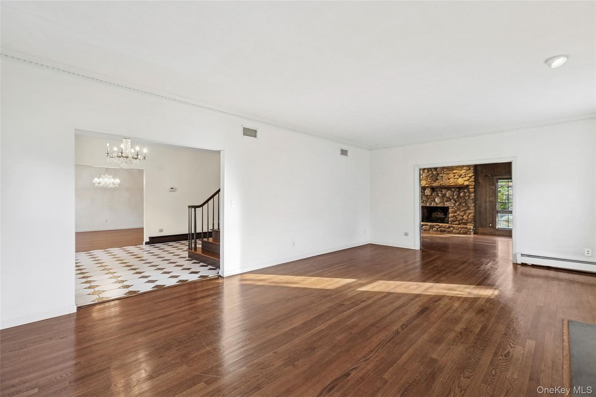 Chandelier, Empty room, Fireplace, Interior, Wood Texture Flooring