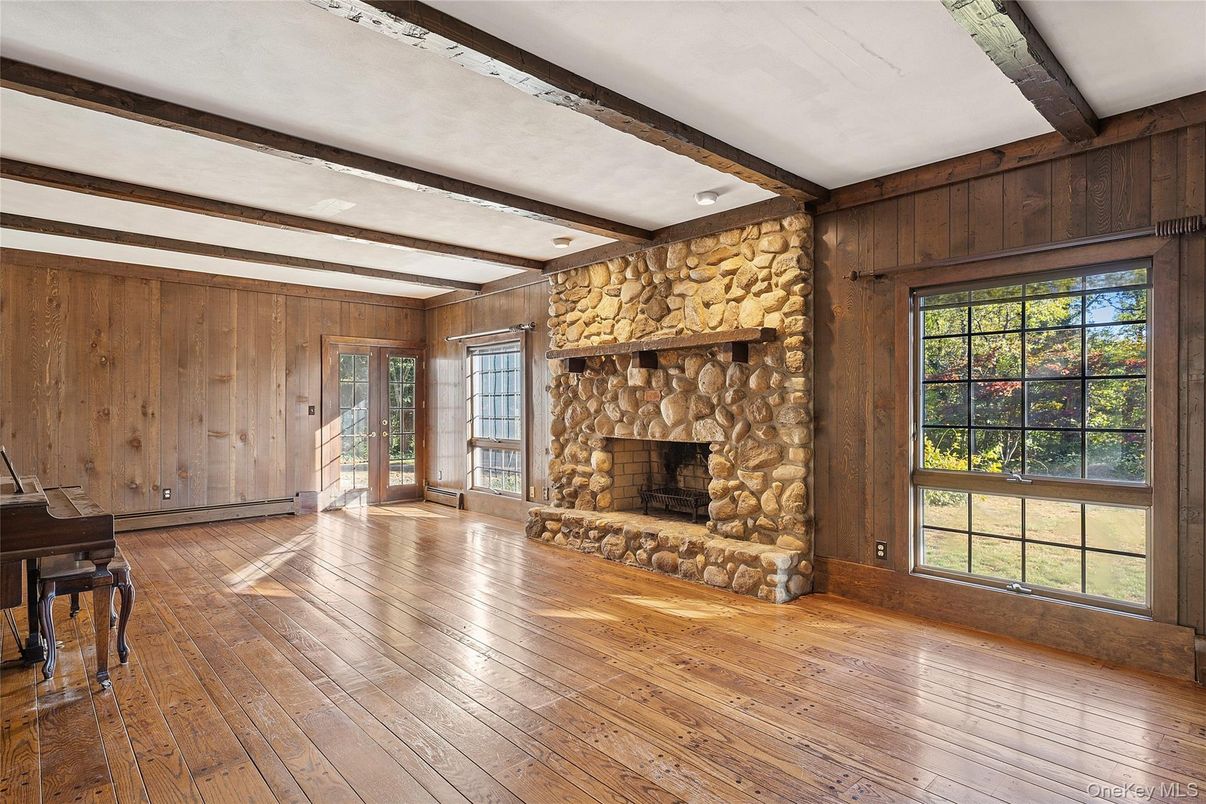 Empty room, Fireplace, Interior, Recessed Lighting, Wooden Beams, Wood Texture Flooring, Wooden Walls