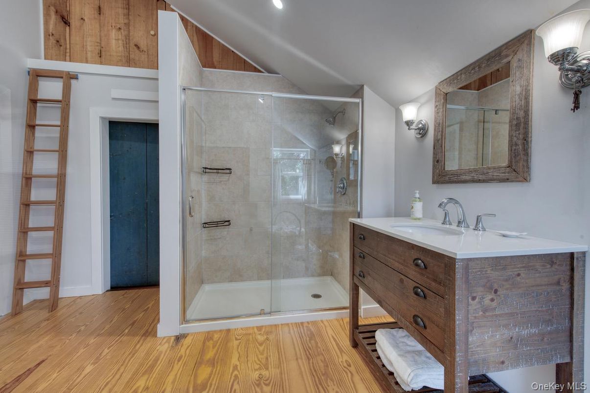 Bathroom, Glass Shower, Interior, Recessed Lighting, Wood Texture Flooring