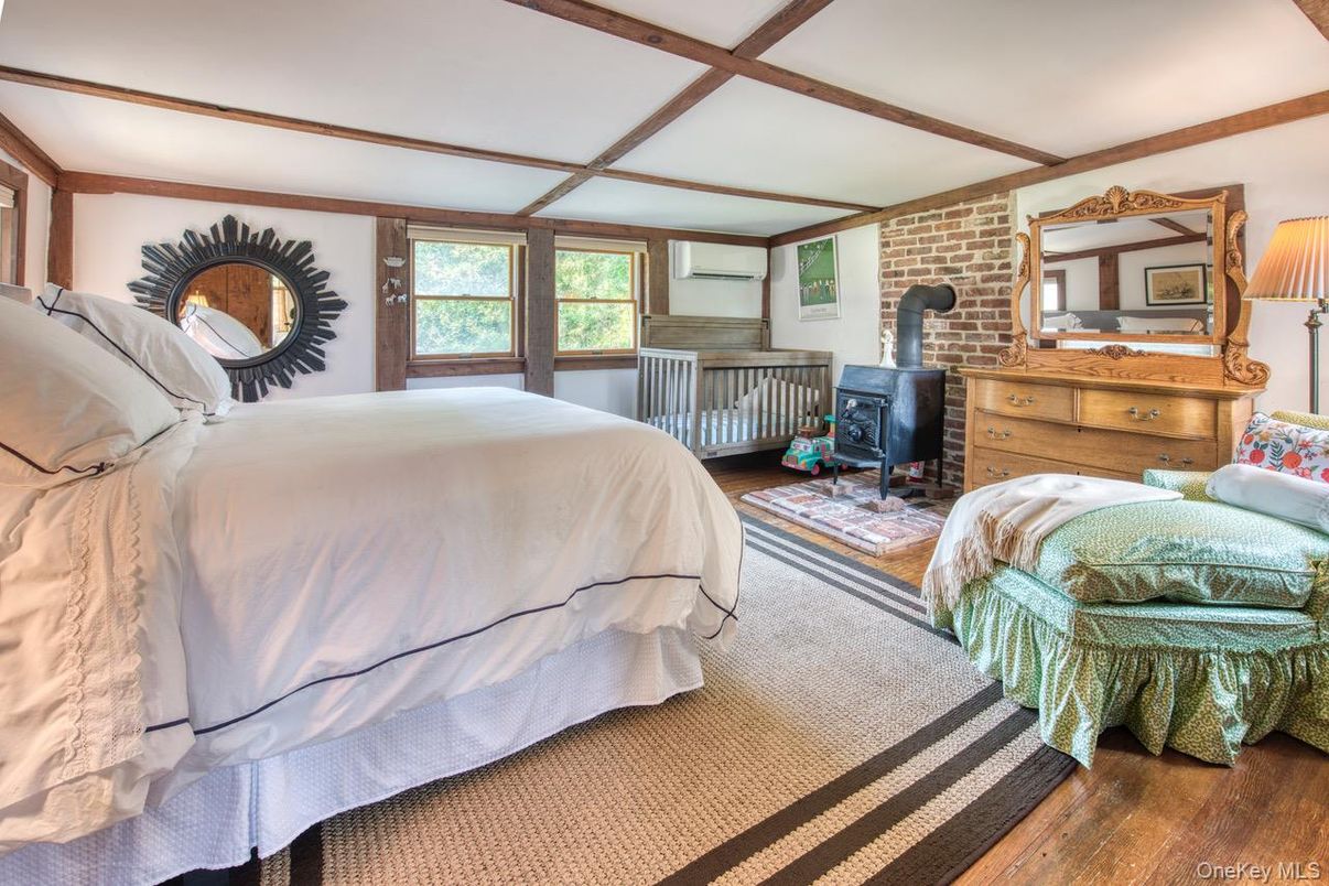 Bedroom, Interior, Stone Walls, Wooden Beams, Wood Texture Flooring