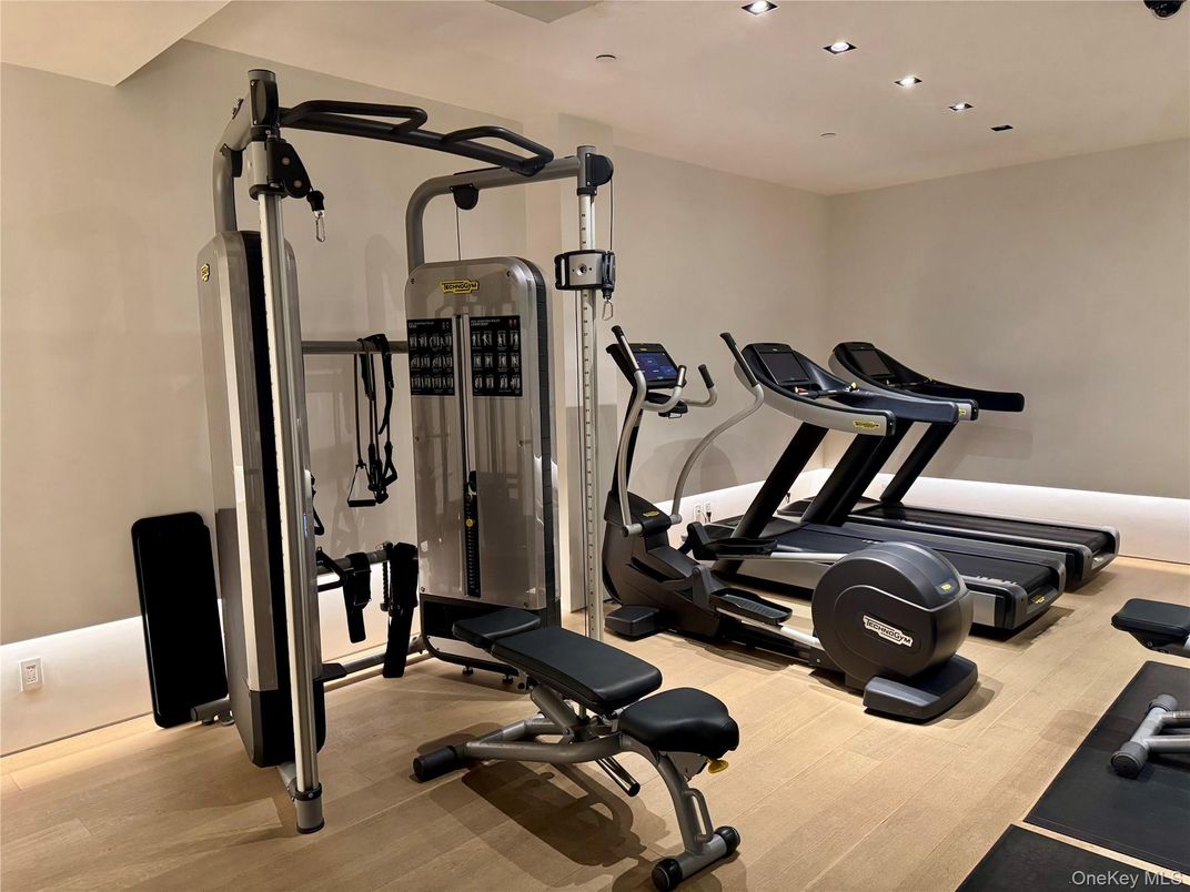 Fitness Equipment, Gym, Interior, Recessed Lighting, Wood Texture Flooring