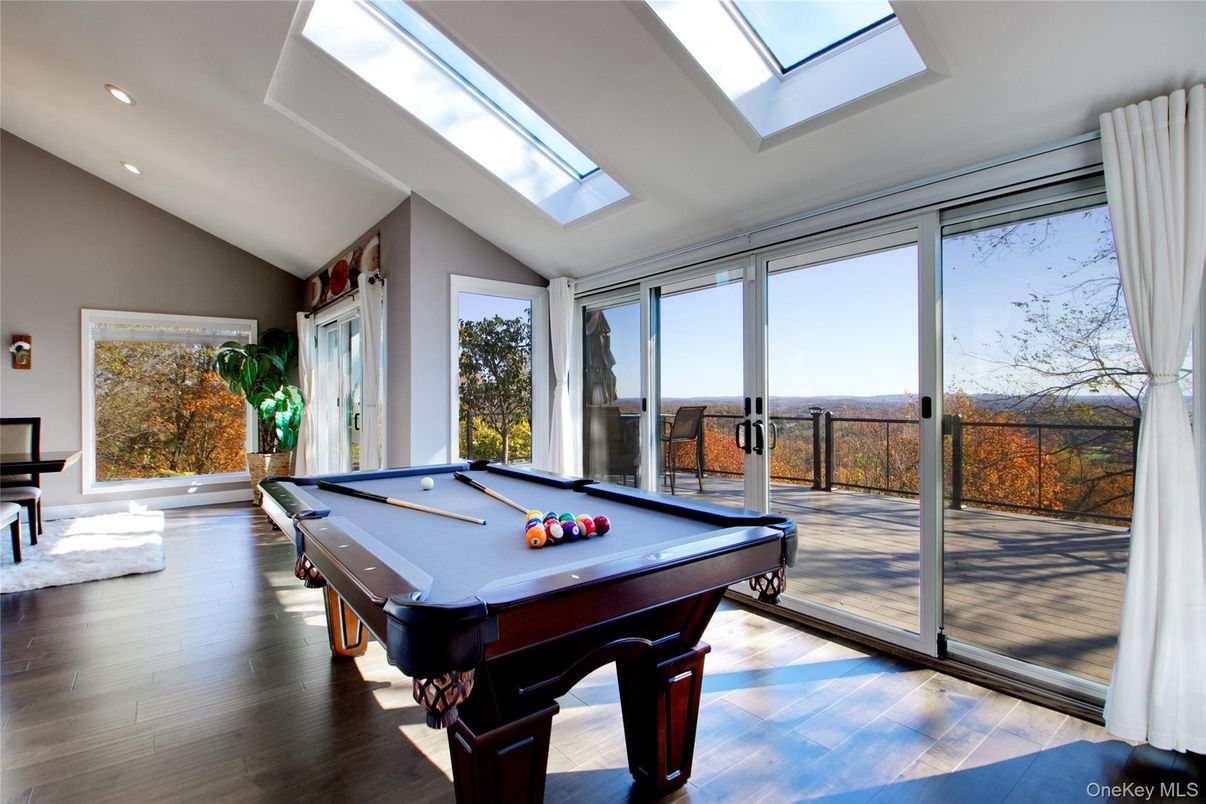Billiard Table, Game Room, Glass Ceilings, Interior, Recessed Lighting, Sun Room, Water, Wood Texture Flooring