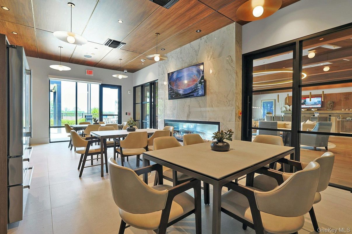 Dining room, Fireplace, Interior, Pendant Lights, Recessed Lighting, Wooden Ceilings