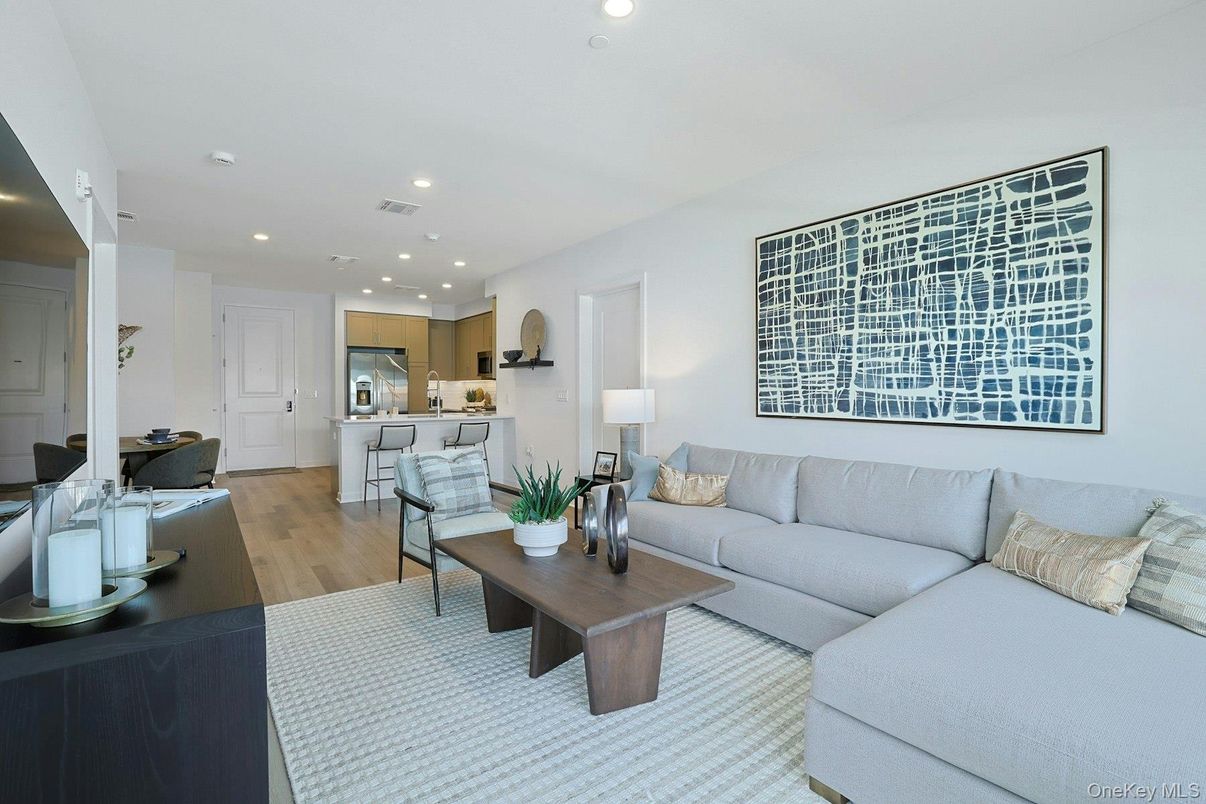 Interior, Kitchen, Living room, Recessed Lighting, Stainless Steel Appliances, Wood Texture Flooring