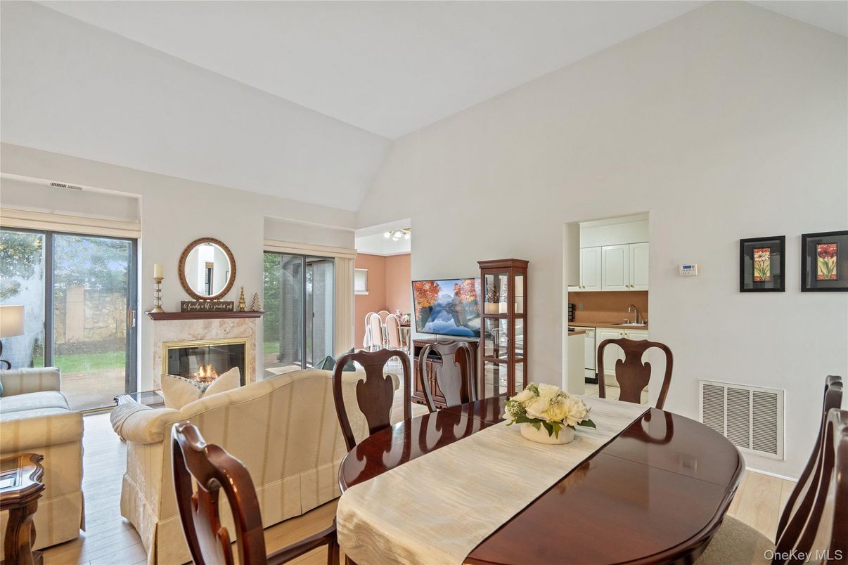 Dining room, Fireplace, Interior, Living room, Wood Texture Flooring