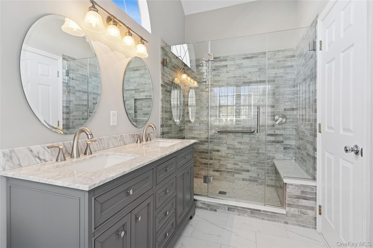 Bathroom, Dual Sink Vanities, Glass Shower, Interior, Marble