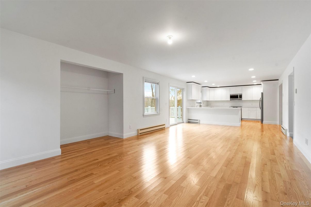 Empty room, Interior, Kitchen, Recessed Lighting, Wood Texture Flooring
