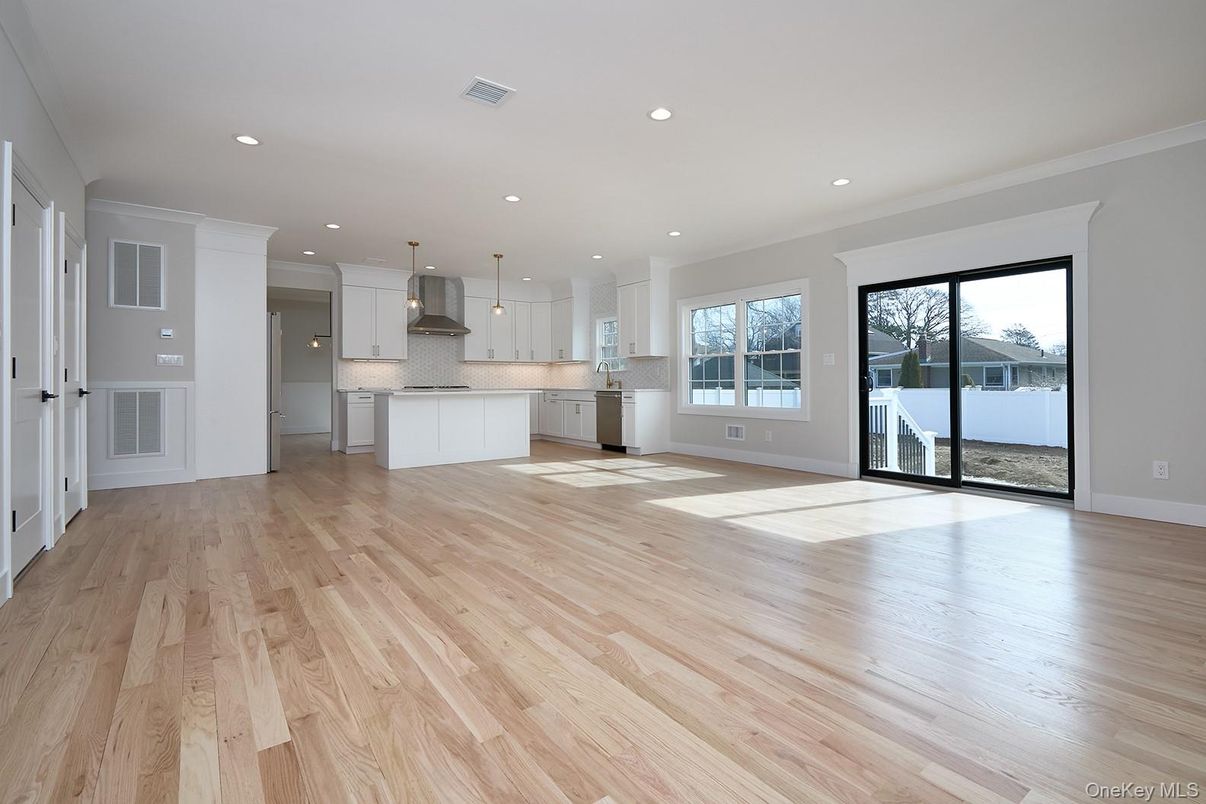 Empty room, Interior, Kitchen, Pendant Lights, Recessed Lighting, Wood Texture Flooring