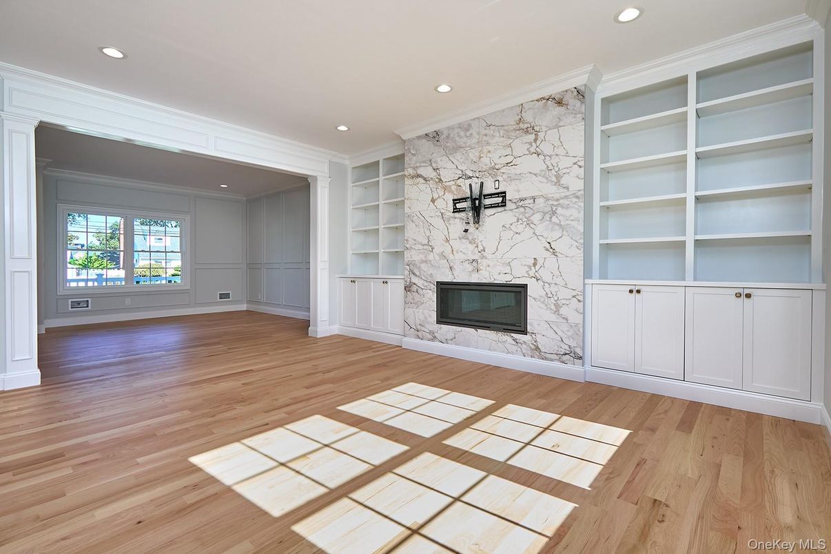 Empty room, Fireplace, Interior, Recessed Lighting, Wood Texture Flooring