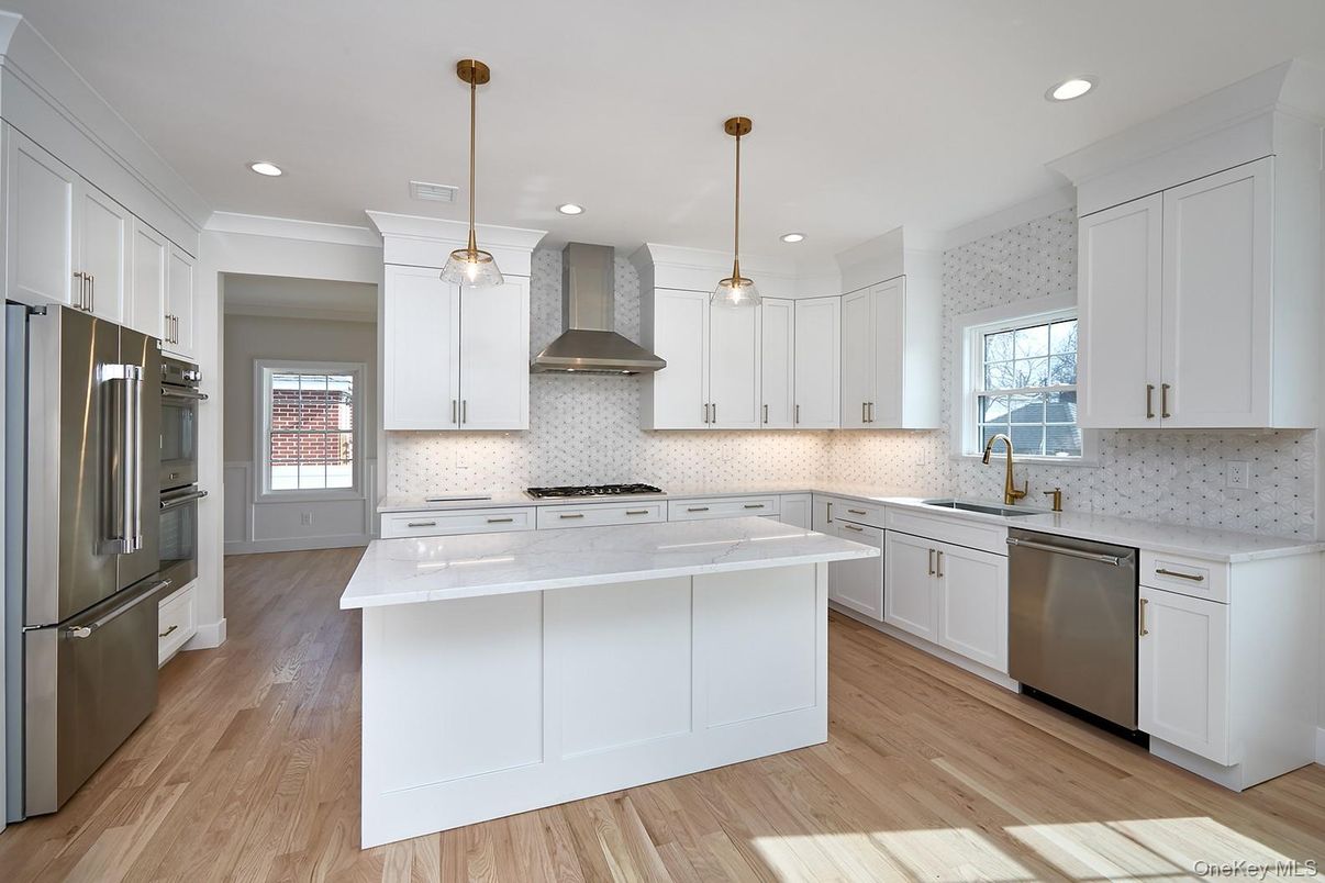 Interior, Kitchen, Pendant Lights, Recessed Lighting, Stainless Steel Appliances, Wood Texture Flooring
