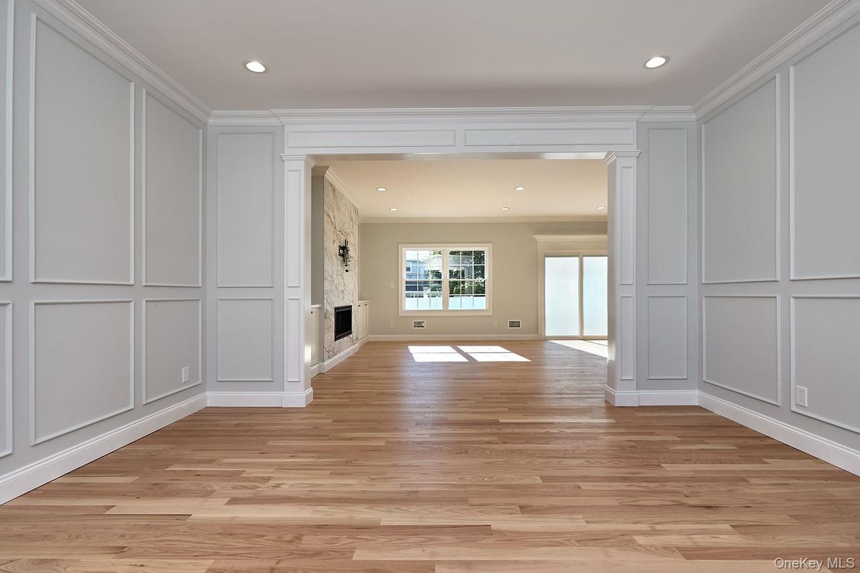 Empty room, Fireplace, Interior, Recessed Lighting, Wood Texture Flooring