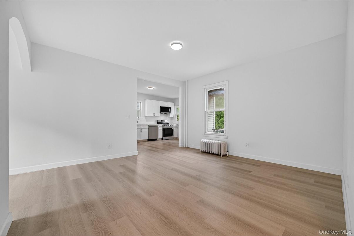 Empty room, Interior, Kitchen, Stainless Steel Appliances, Wood Texture Flooring