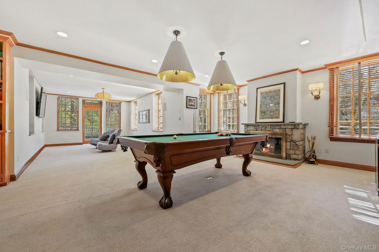 Billiard Table, Fireplace, Game Room, Interior, Pendant Lights, Recessed Lighting
