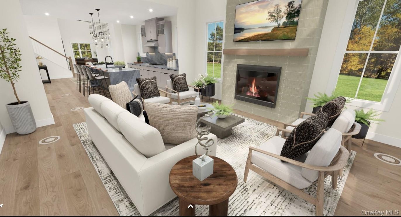 Dining room, Fireplace, Interior, Kitchen, Living room, Pendant Lights, Recessed Lighting, Wood Texture Flooring