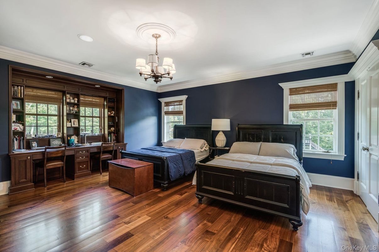 Bedroom, Chandelier, Home Office, Interior, Recessed Lighting, Wood Texture Flooring