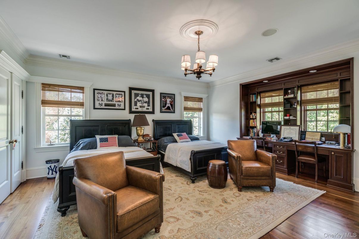 Bedroom, Chandelier, Home Office, Interior, Wood Texture Flooring