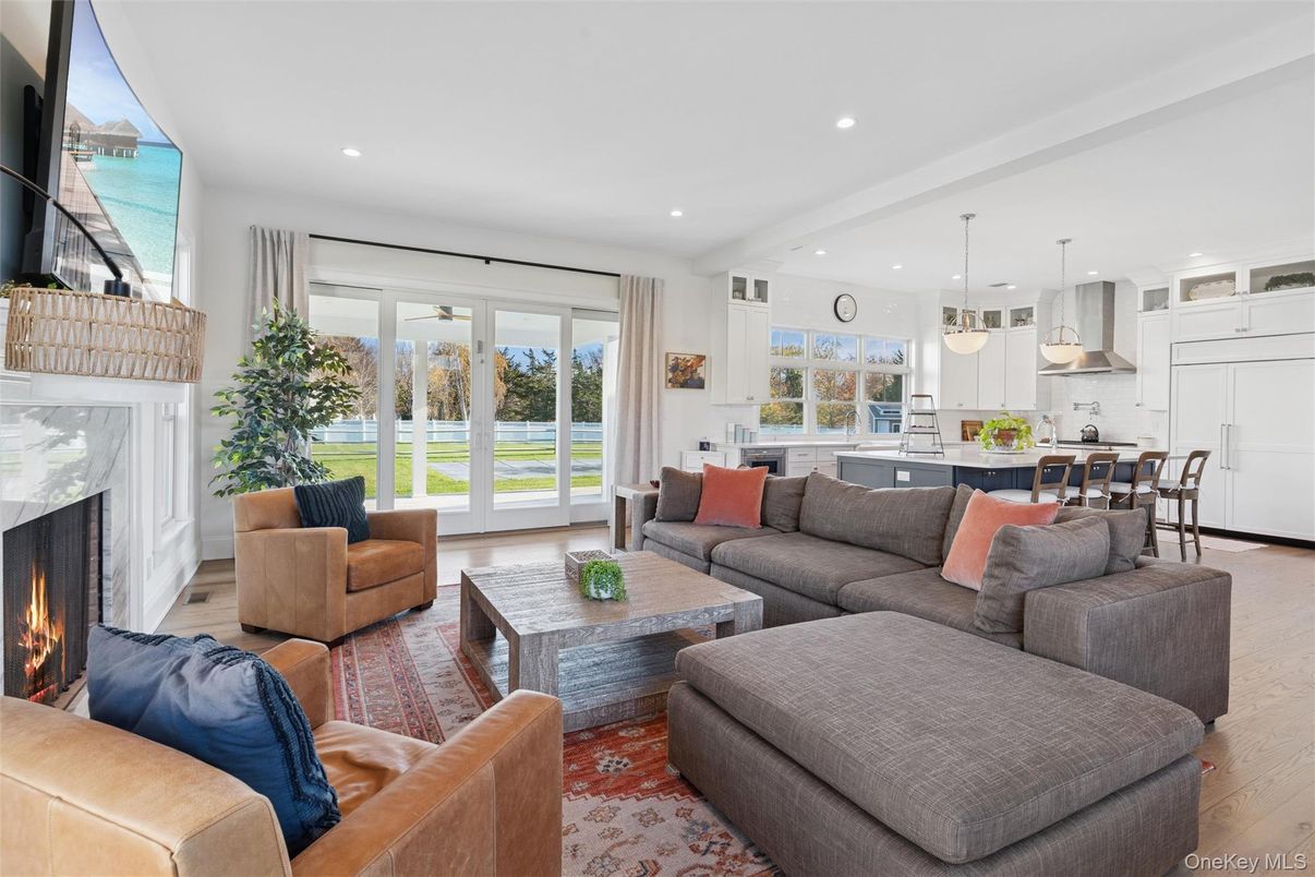 Dining room, Fireplace, Interior, Kitchen, Living room, Pendant Lights, Recessed Lighting, Wood Texture Flooring