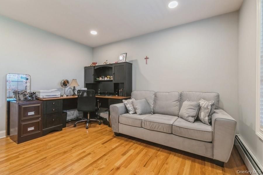 Fireplace, Home Office, Interior, Recessed Lighting, Wood Texture Flooring