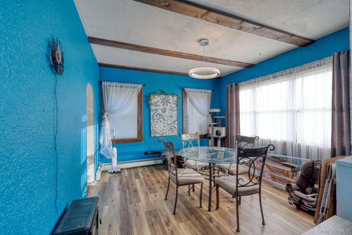 Dining room, Interior, Pendant Lights, Wooden Beams, Wood Texture Flooring