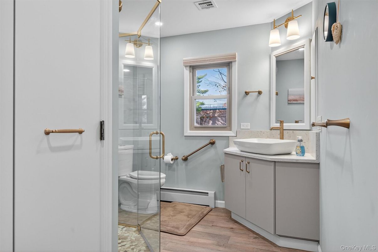 Bathroom, Glass Shower, Interior, Wood Texture Flooring