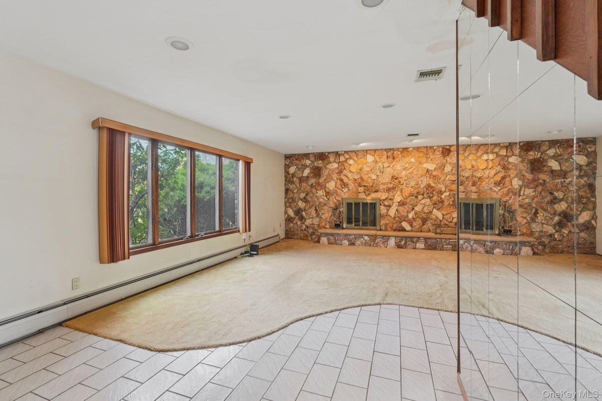 Empty room, Fireplace, Interior, Recessed Lighting, Stone Walls