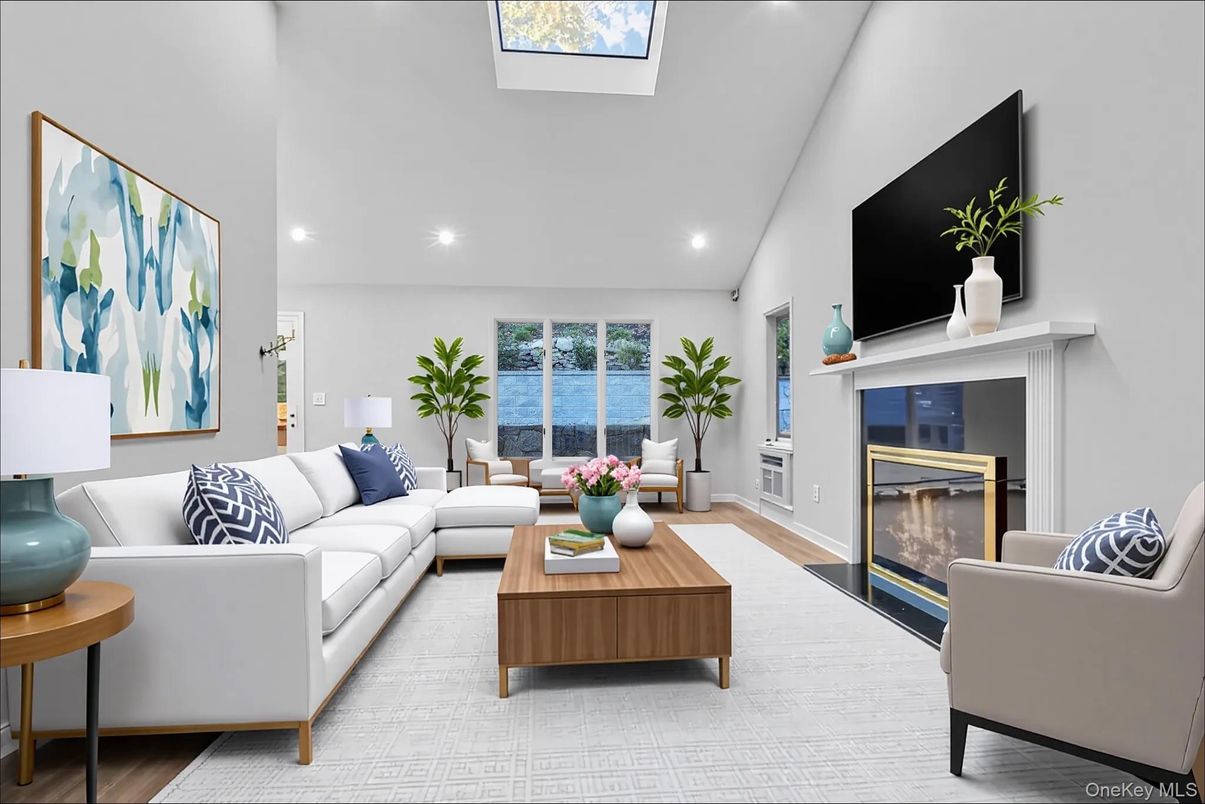 Fireplace, Interior, Living room, Recessed Lighting, Water, Wood Texture Flooring