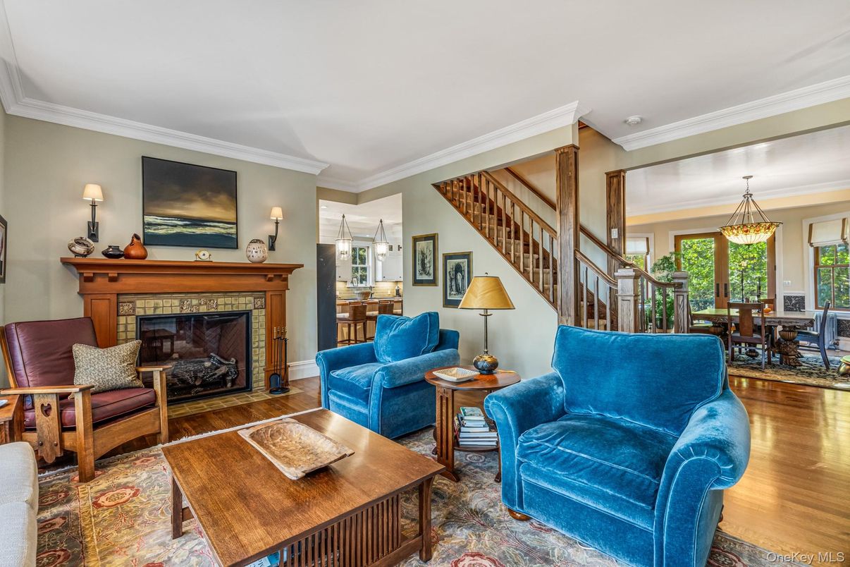 Chandelier, Dining room, Fireplace, Interior, Living room, Pendant Lights, Wood Texture Flooring