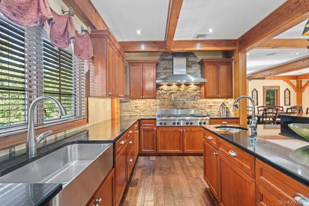 Interior, Kitchen, Recessed Lighting, Stainless Steel Appliances, Stone Walls, Wooden Beams, Wood Texture Flooring