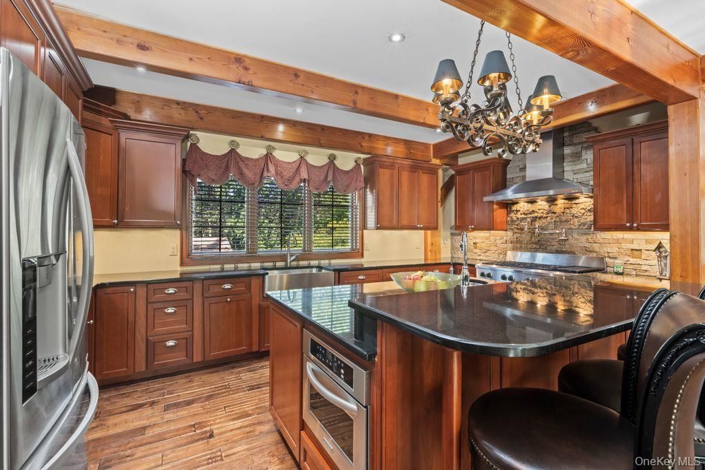 Chandelier, Interior, Kitchen, Recessed Lighting, Stainless Steel Appliances, Wooden Beams, Wood Texture Flooring
