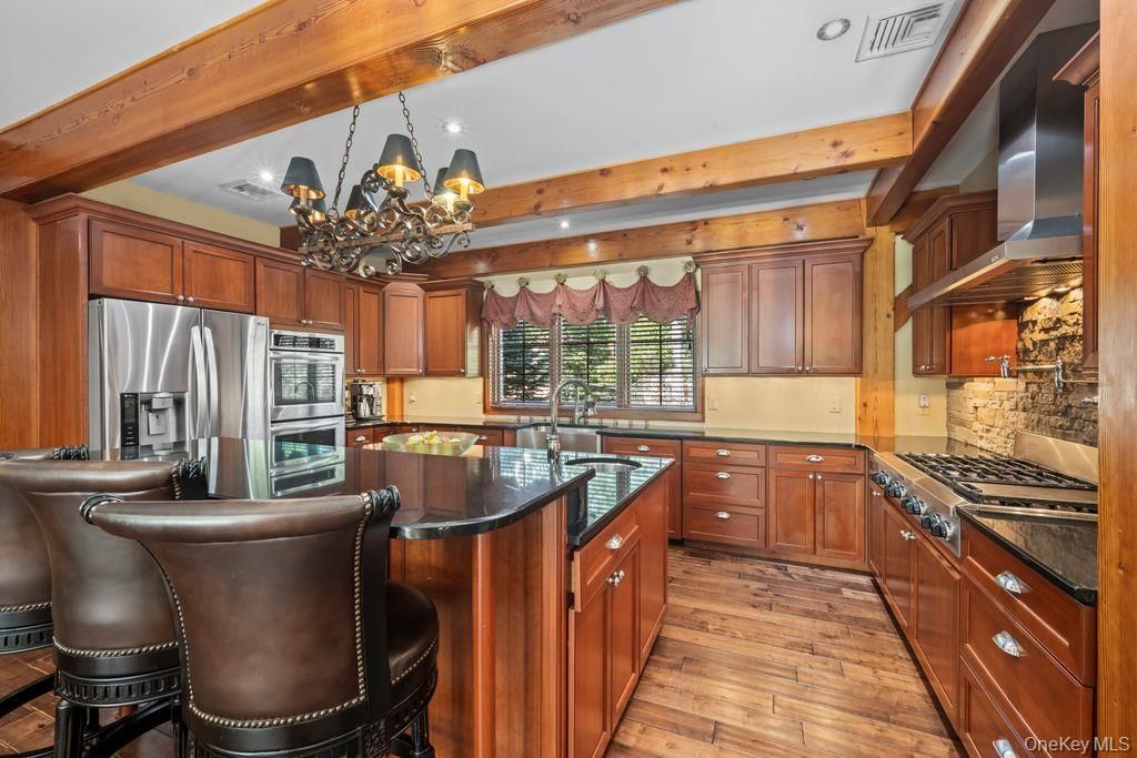 Chandelier, Interior, Kitchen, Recessed Lighting, Stainless Steel Appliances, Wooden Beams, Wood Texture Flooring