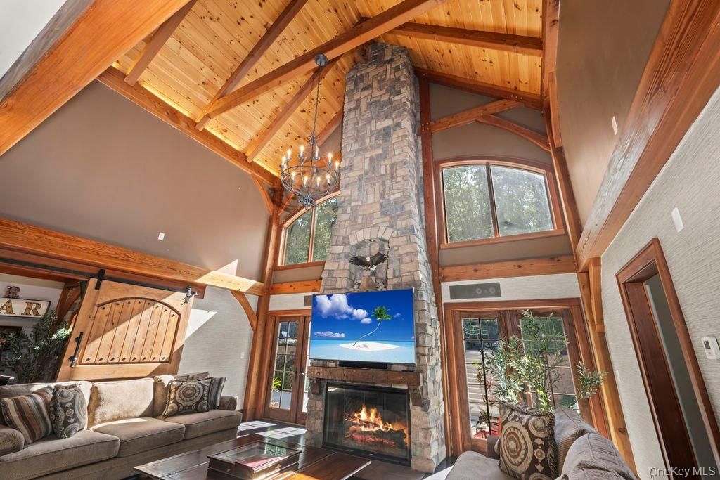 Chandelier, Fireplace, Interior, Living room, Wooden Beams, Wooden Ceilings