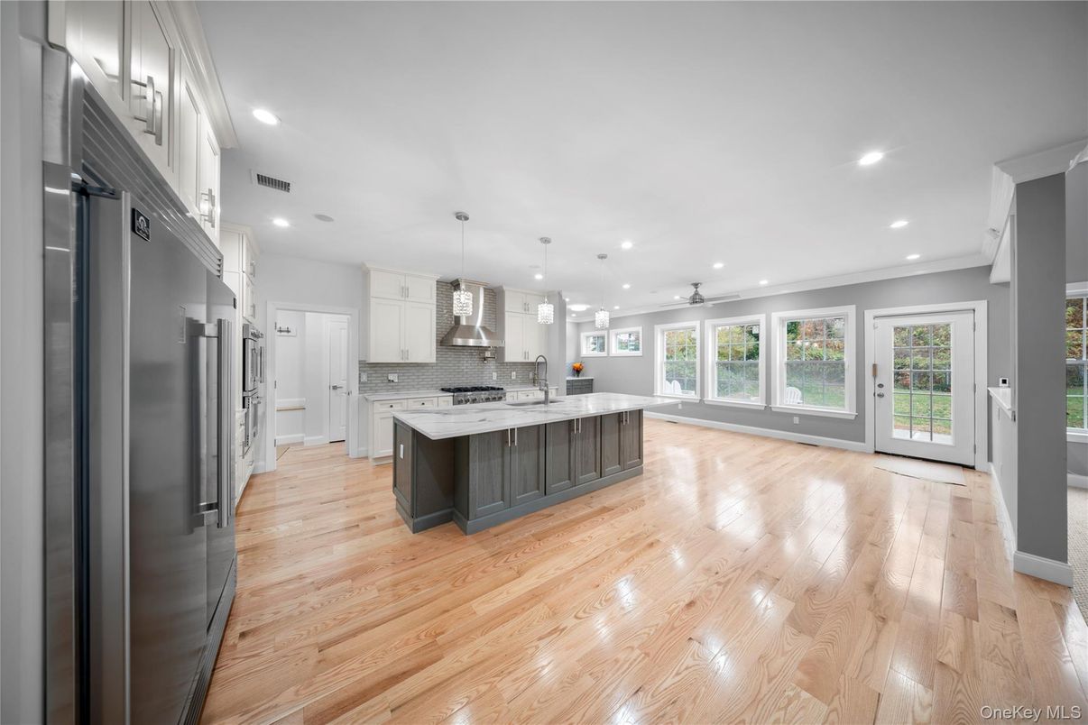 Interior, Kitchen, Pendant Lights, Recessed Lighting, Stainless Steel Appliances, Wood Texture Flooring