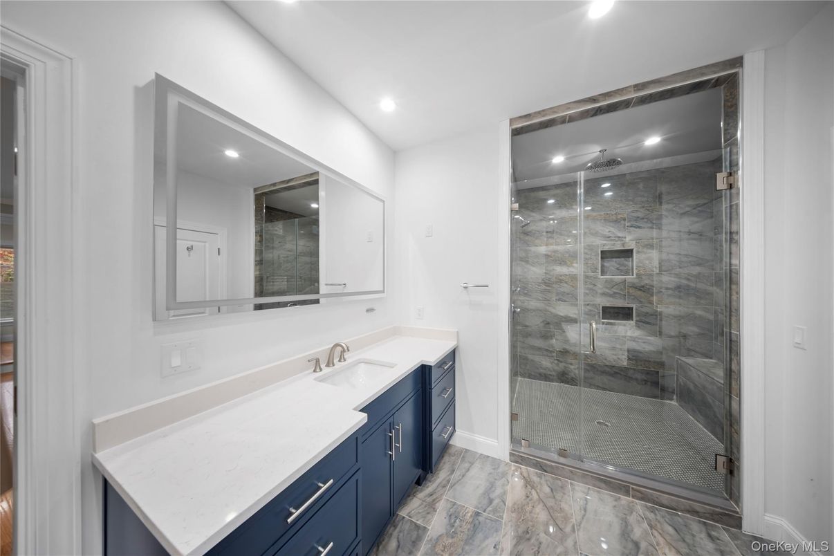 Bathroom, Glass Shower, Interior, Marble, Recessed Lighting