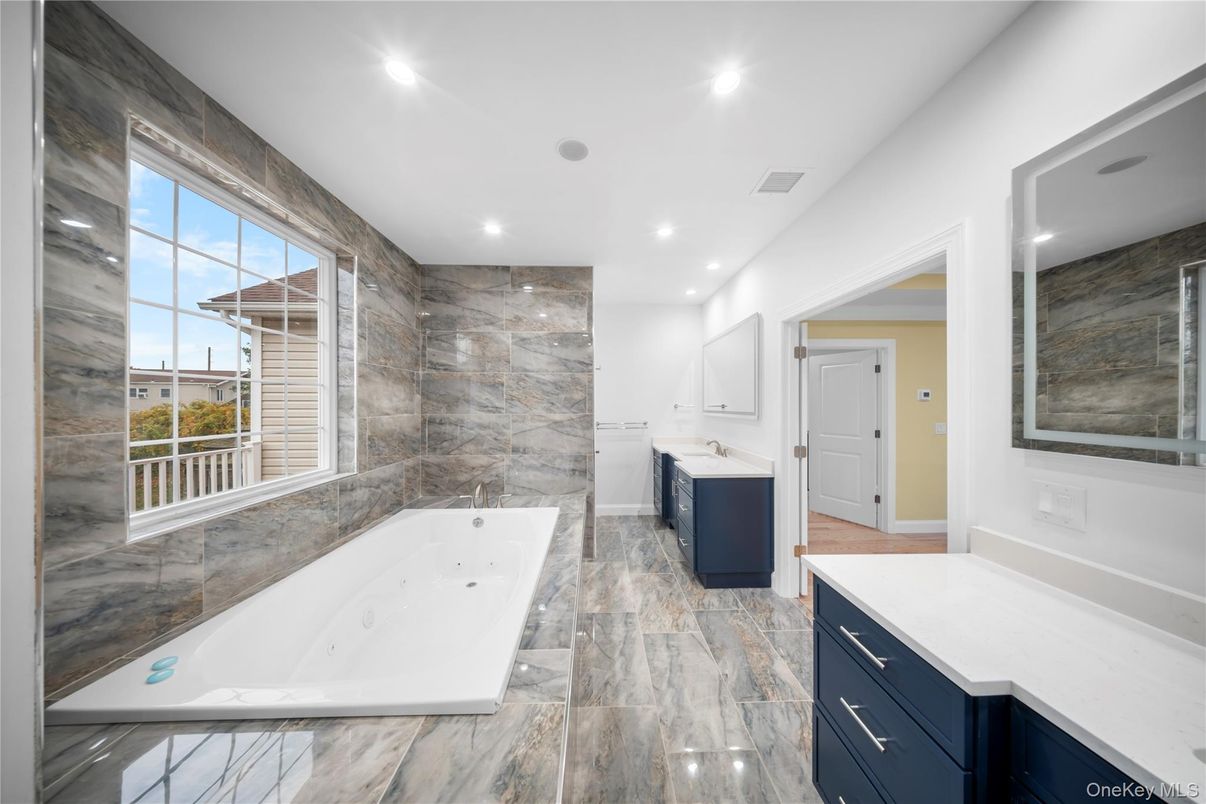 Bathroom, Free Standing Baths, Interior, Marble, Marble Walls, Recessed Lighting