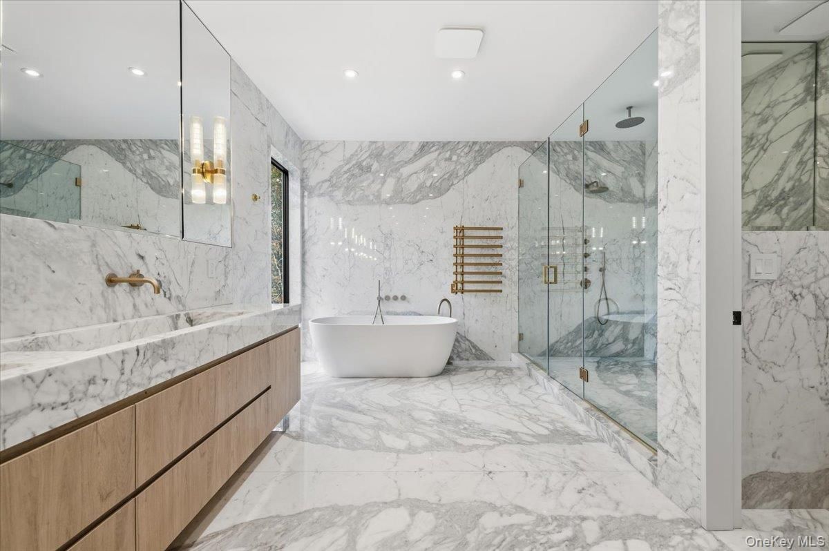 Bathroom, Free Standing Baths, Glass Shower, Interior, Marble, Marble Walls, Recessed Lighting
