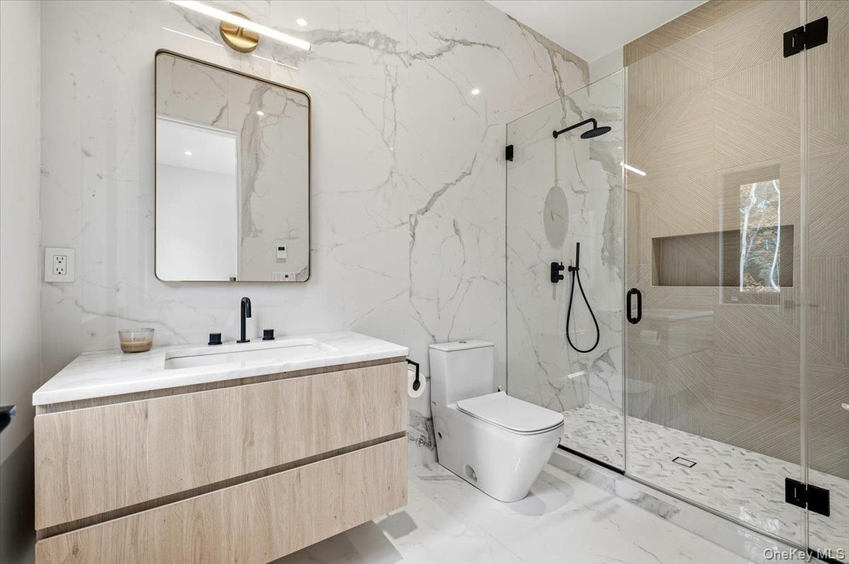 Bathroom, Glass Shower, Interior, Marble, Marble Walls, Recessed Lighting