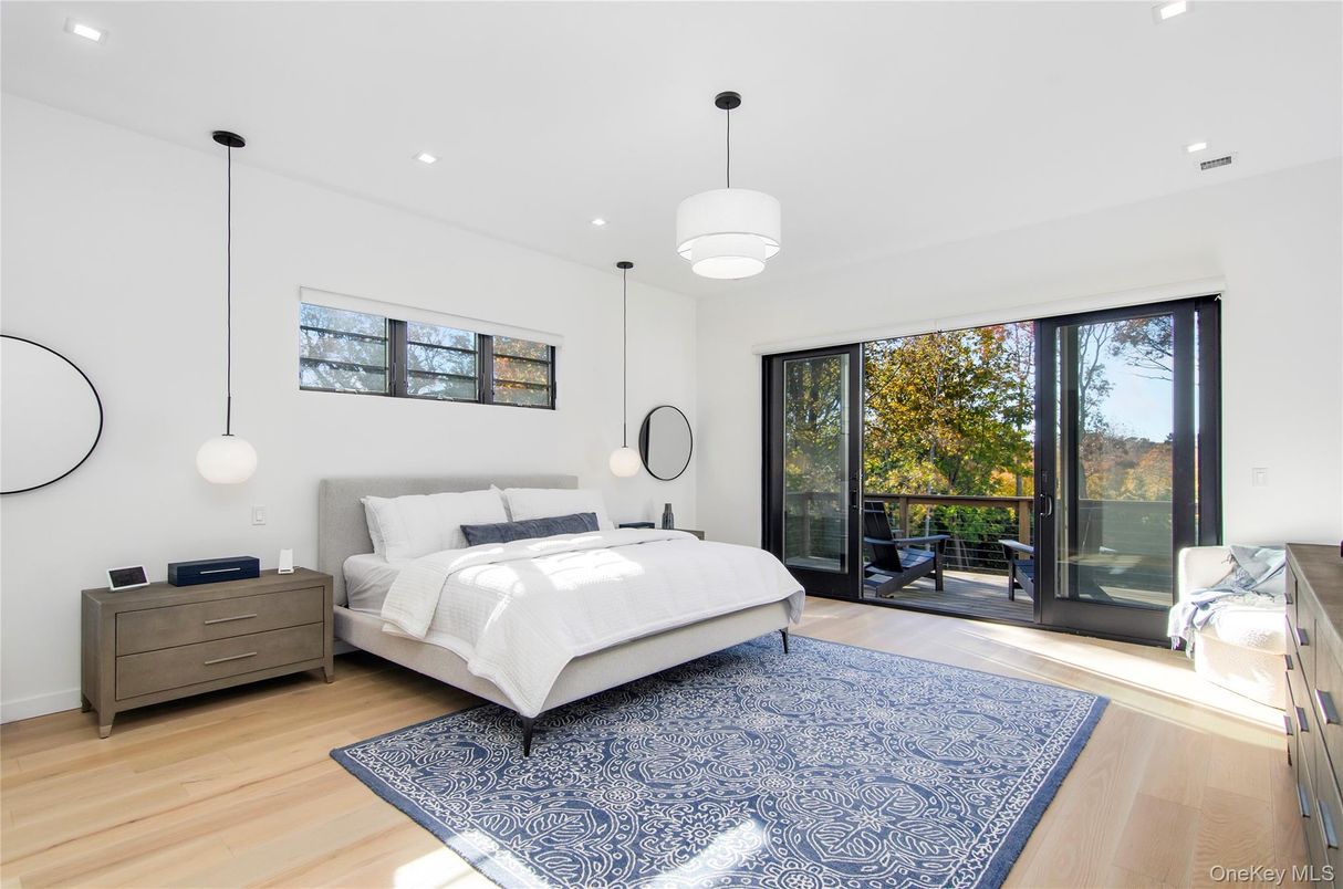 Bedroom, Interior, Pendant Lights, Recessed Lighting, Wood Texture Flooring