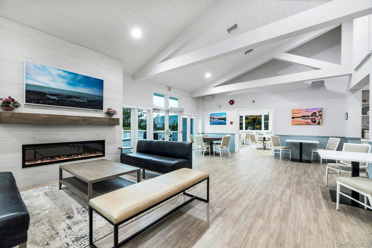 Dining room, Fireplace, Interior, Living room, Recessed Lighting, Wood Texture Flooring