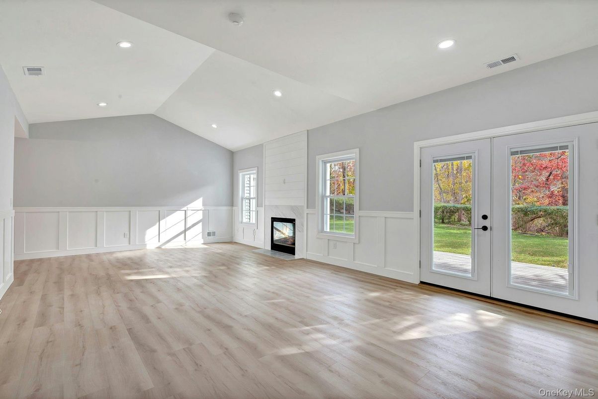 Empty room, Fireplace, Interior, Recessed Lighting, Wood Texture Flooring