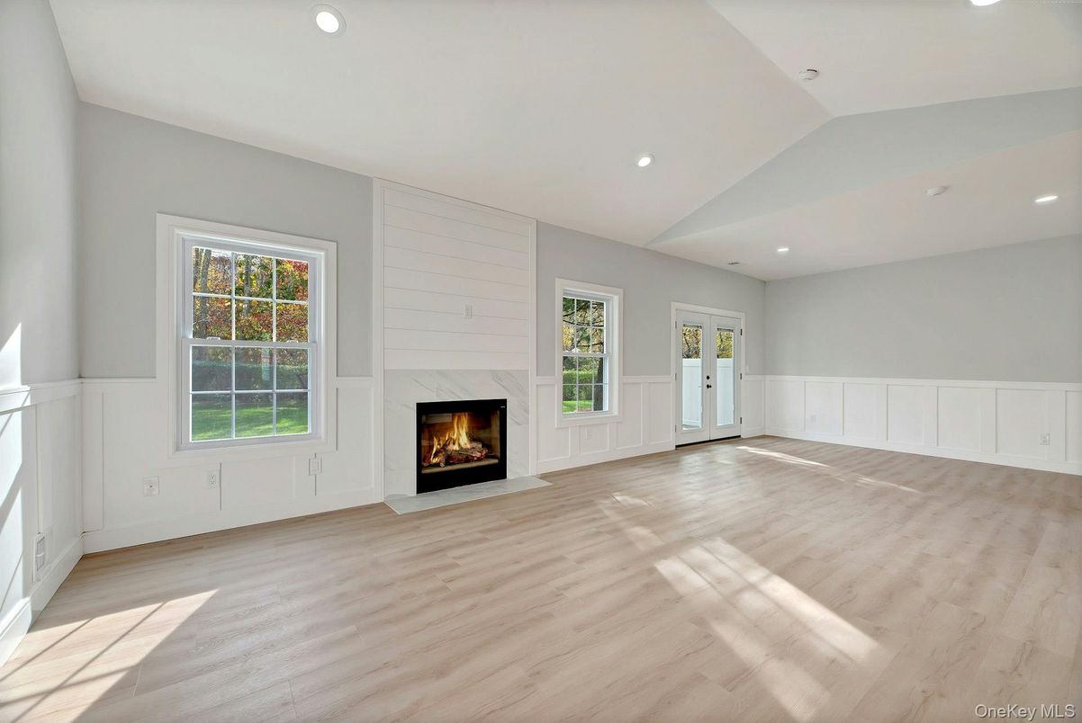 Empty room, Fireplace, Interior, Recessed Lighting, Wood Texture Flooring