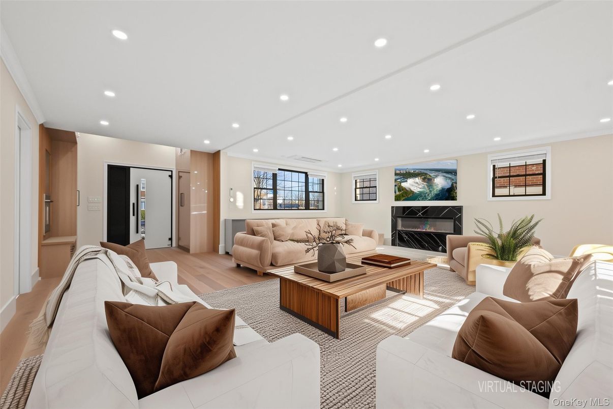 Fireplace, Interior, Living room, Recessed Lighting, Wood Texture Flooring