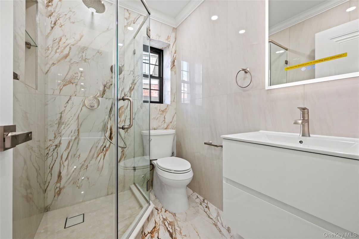 Bathroom, Glass Shower, Interior, Marble, Marble Walls, Recessed Lighting