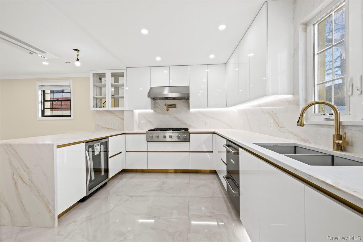 Interior, Kitchen, Marble, Marble Walls, Recessed Lighting, Stainless Steel Appliances